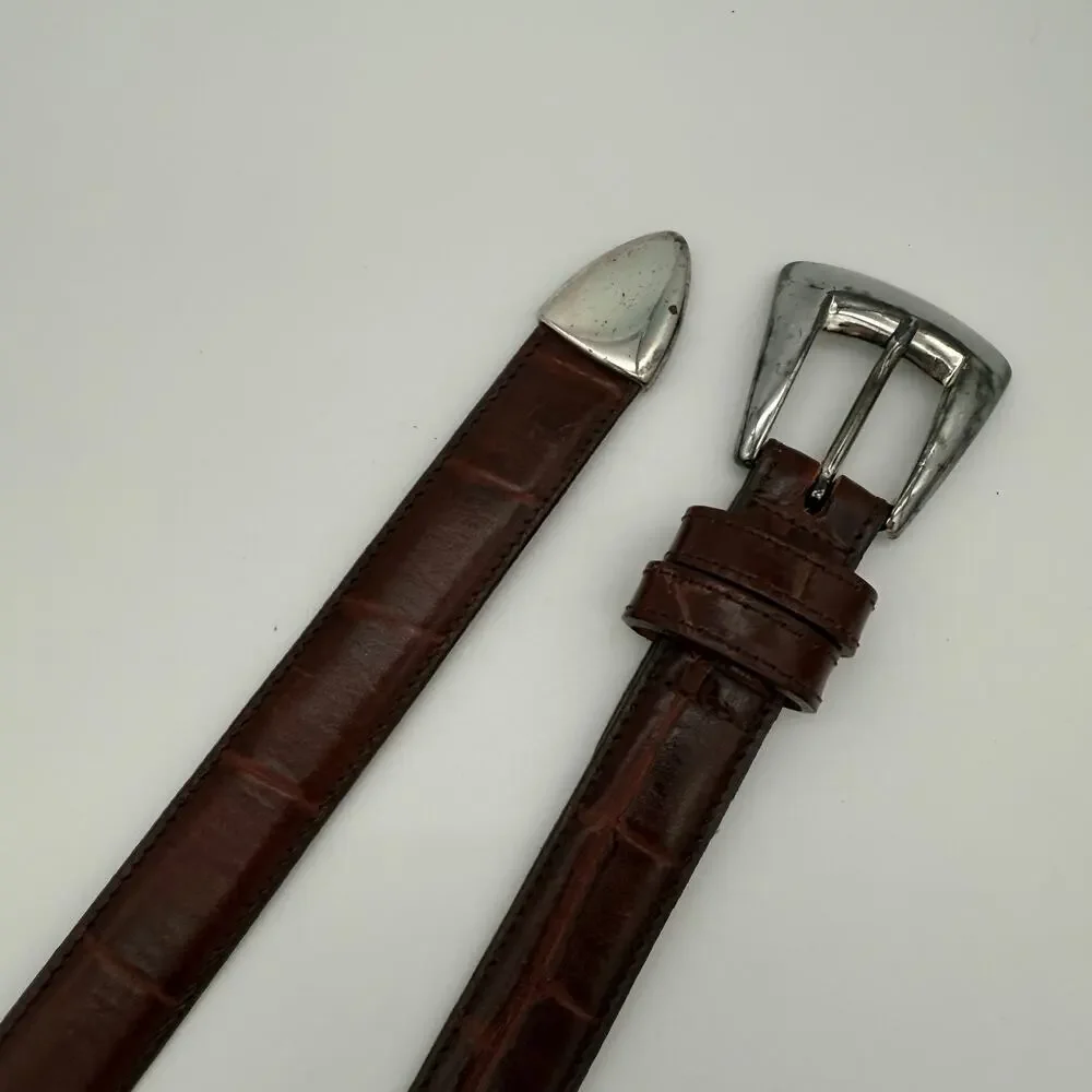 Vintage Joan & David Calfskin Brown Leather Belt Croc Embossed 90s Minimal